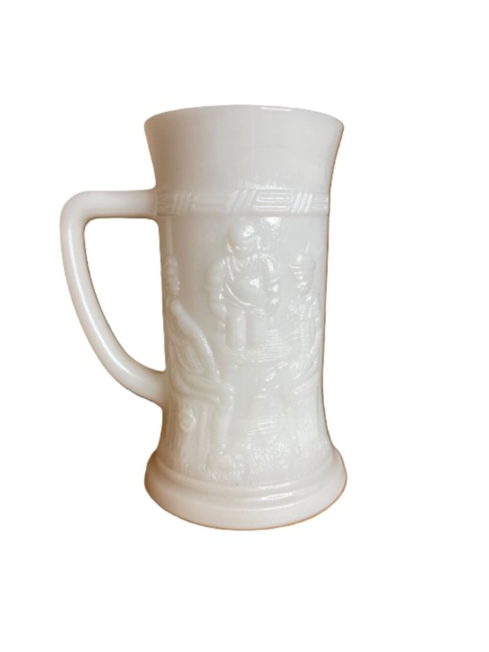 Vintage Federal Glass White Milk Glass Beer Stein Mug - Embossed Tavern Pub Scen